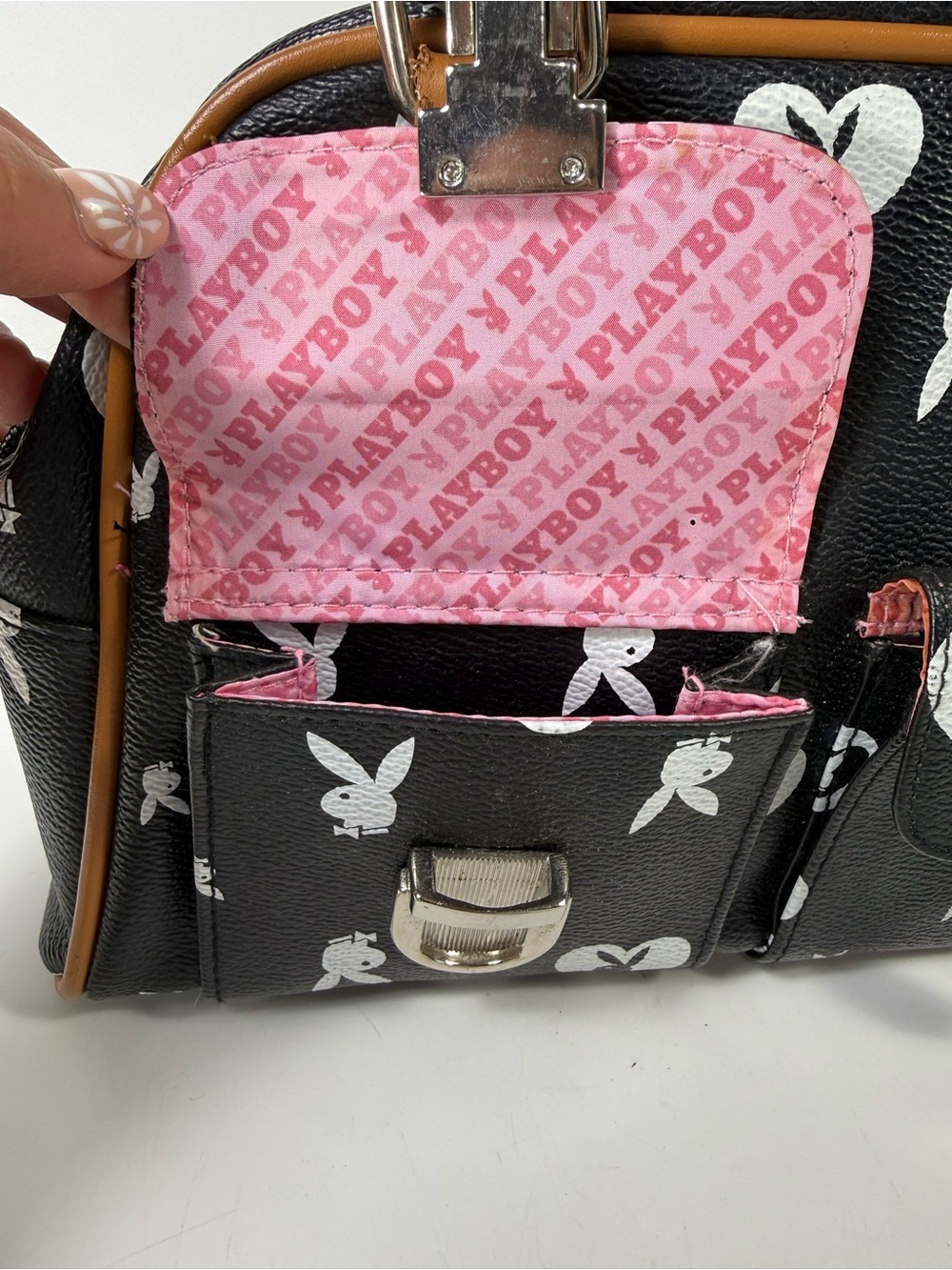 Vtg y2k Playboy Black and Tan Printed Satchel Bag pink interior - Picture 12 of 16